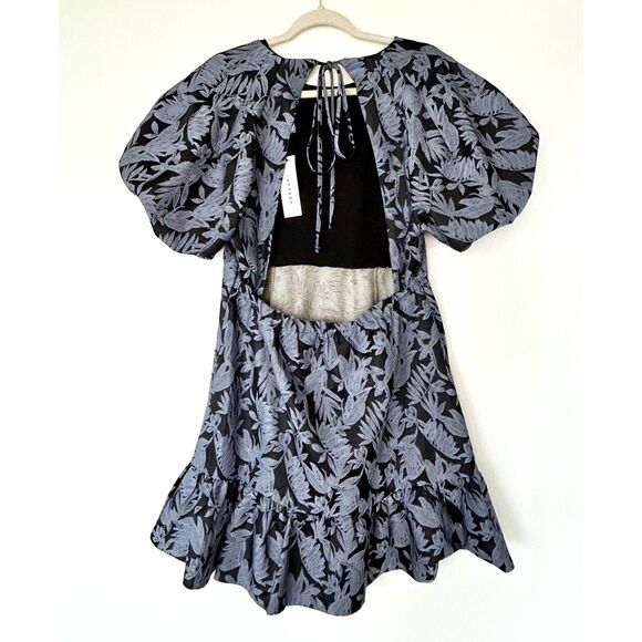 NWT Topshop Jacquard Puff Sleeve Mini Dress Blue Floral Open Back US 12 UK 16 - Picture 8 of 14